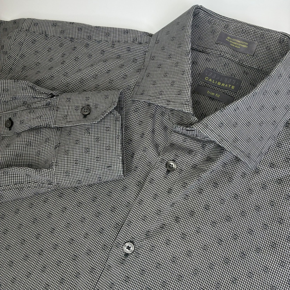 Calibrate Mens Trim Fit Non-Iron Button Down Shirt Black White Geometric L